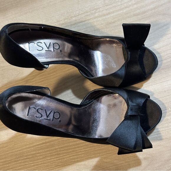 rsvp Black Satin Open-Toe Pumps Heels with Bow Size 7 - Picture 5 of 12